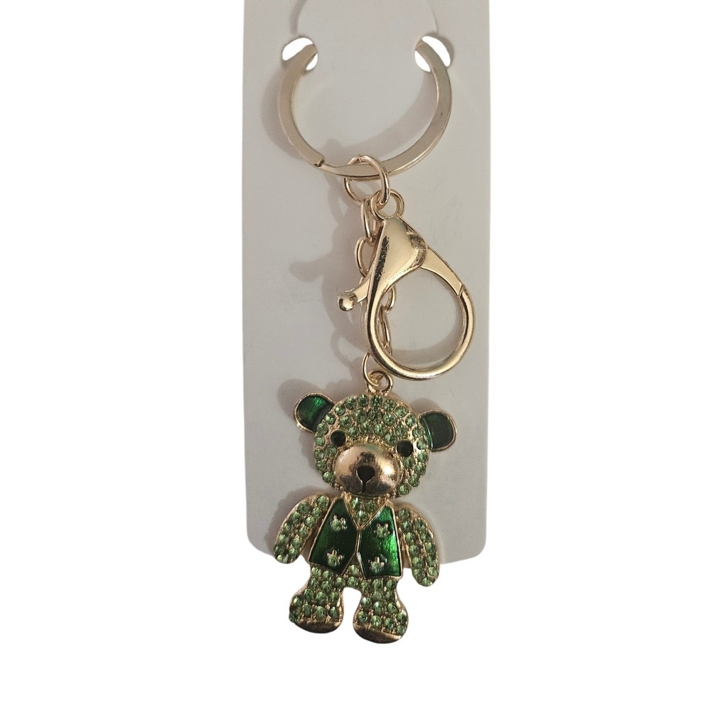 Sparkling Green Bear Keychain‎ Rhinestone Charm Gold Tone Women Accessories